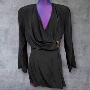 Vintage Kwai Black Draped Wrap Front Button Detail Blazer Jacket Size 10 W16